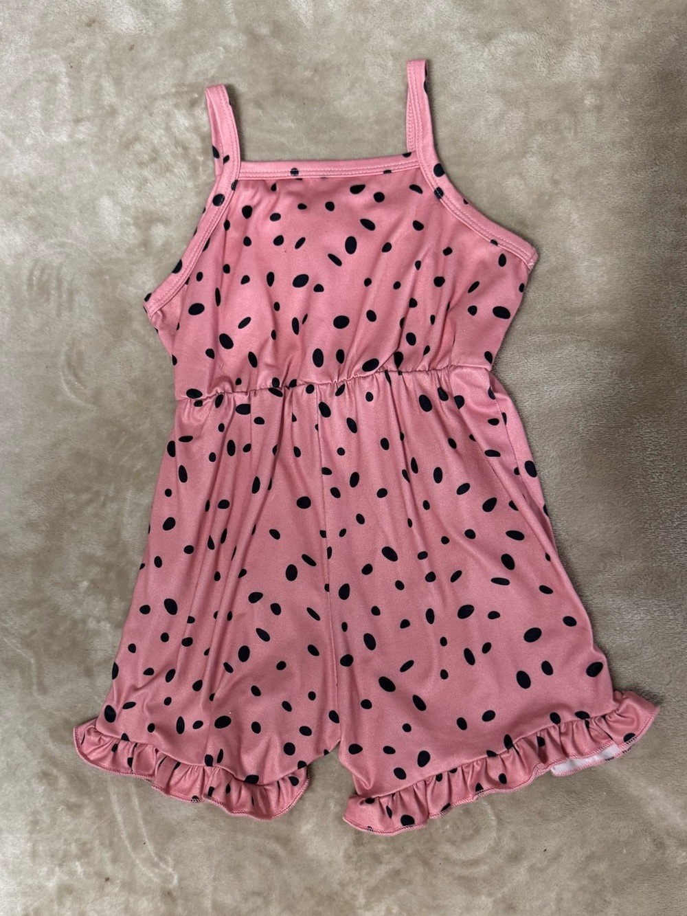 Girls Pink Polka Dot Knit Romper with Ruffle Hem